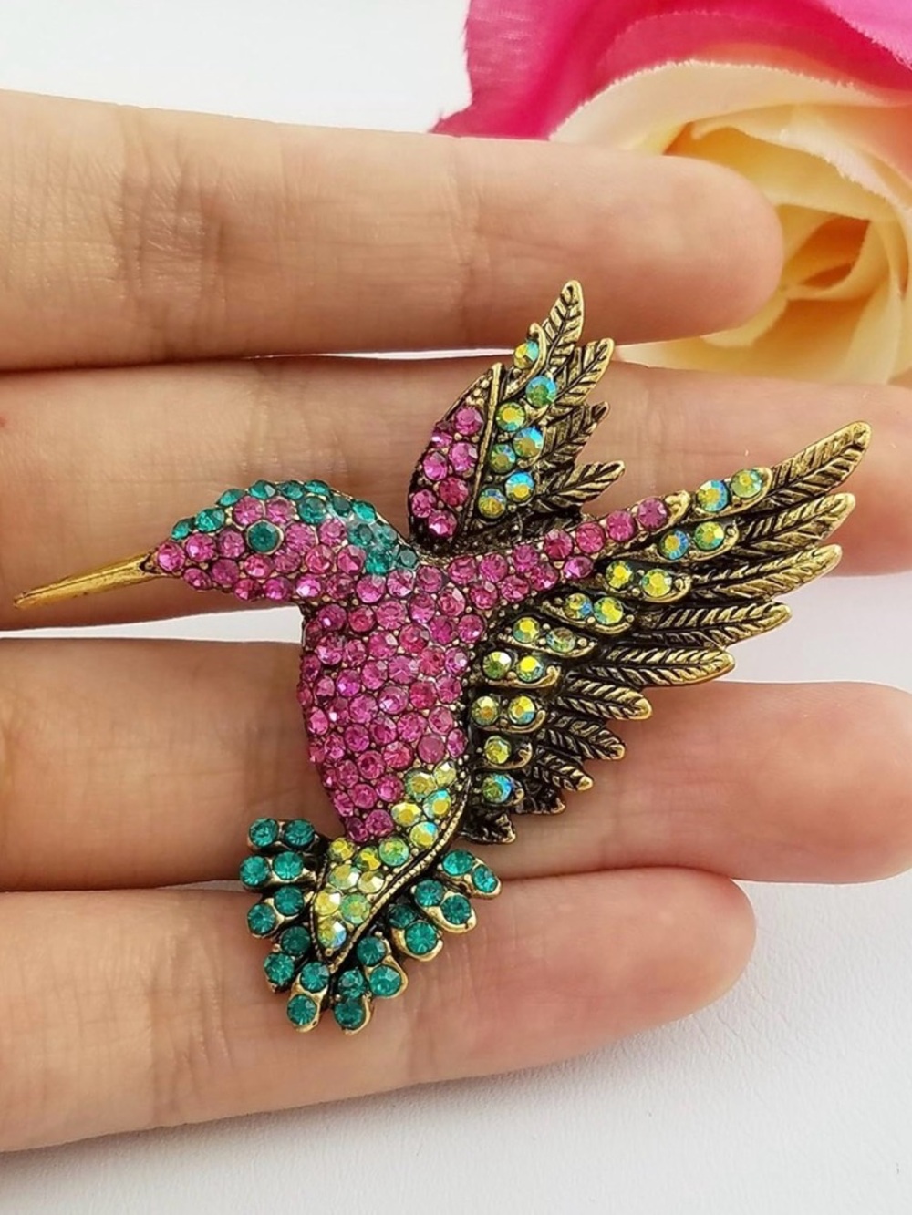Vintage-Style Hummingbird Crystal Brooch - Pink & Teal - Picture 3 of 3